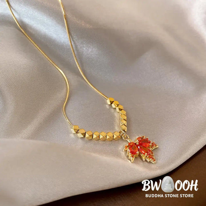 Buddha Stones Maple Leaf Zircon Luck Necklace Pendant Ring Earrings - BWOOOH - Necklaces &amp; Pendants