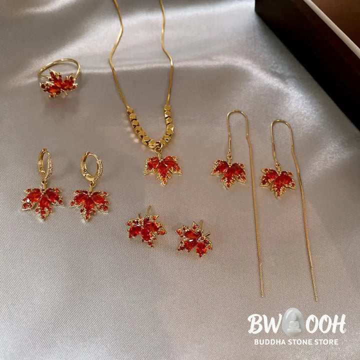 Buddha Stones Maple Leaf Zircon Luck Necklace Pendant Ring Earrings - BWOOOH - Necklaces &amp; Pendants