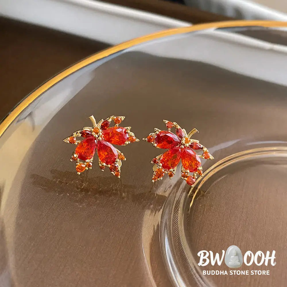 Buddha Stones Maple Leaf Zircon Luck Necklace Pendant Ring Earrings - BWOOOH - Necklaces &amp; Pendants