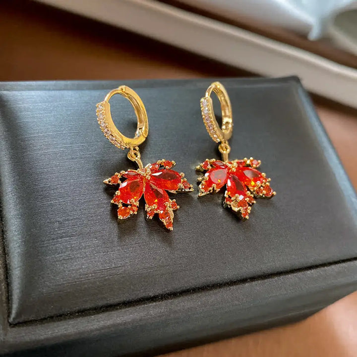 Buddha Stones Maple Leaf Zircon Luck Necklace Pendant Ring Earrings - BWOOOH - Round Earrings - Necklaces &amp; Pendants