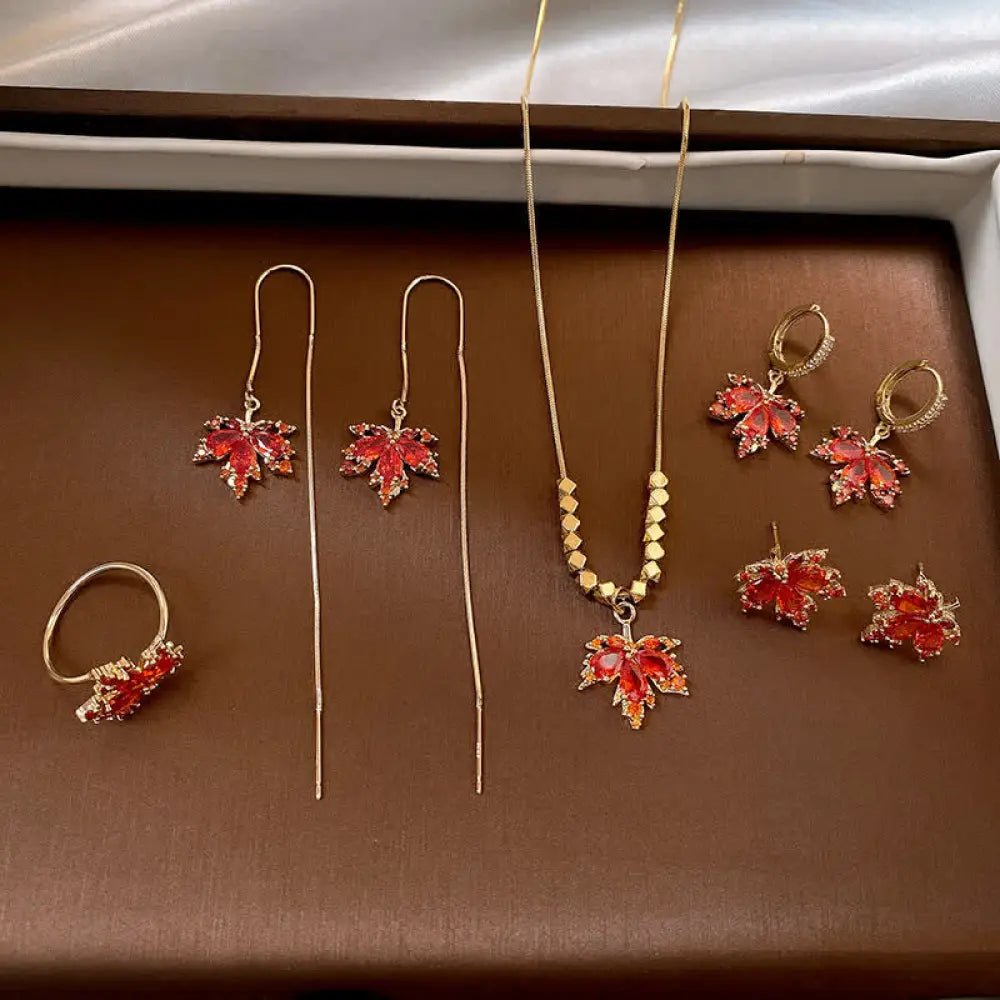 BWOOOH Maple Leaf Zircon Luck Necklace Pendant Ring Earrings — zircon & copper spiritual gift set for luck, abundance & positive energy