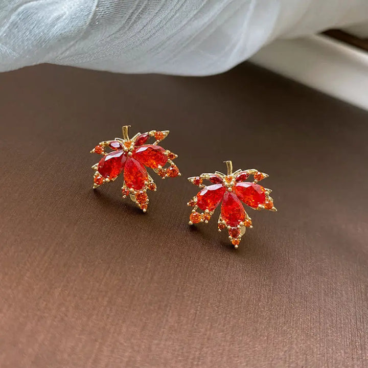Buddha Stones Maple Leaf Zircon Luck Necklace Pendant Ring Earrings - BWOOOH - Stud Earrings - Necklaces &amp; Pendants