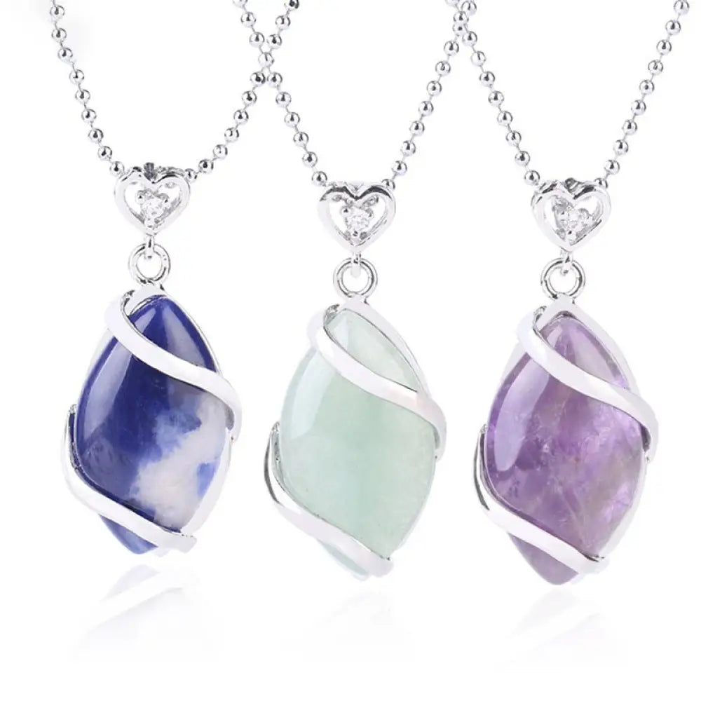 BWOOOH Marquise Pattern Natural Crystal Charm Necklace Pendant, featuring Green Aventurine, Amethyst, Rose Quartz, and Black Onyx for spiritual wellness.