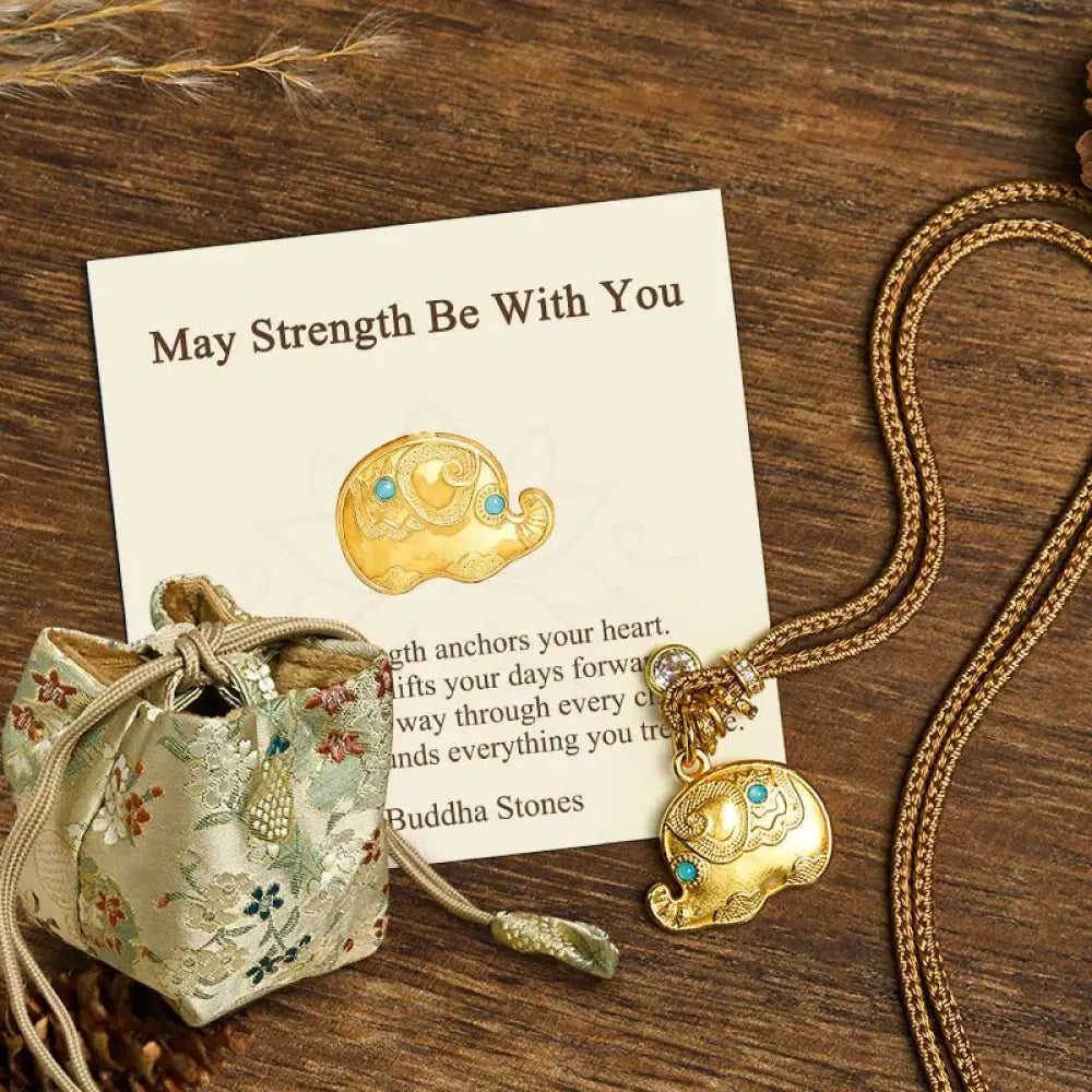 Buddha Stones ’May Strength Be With You’ 24k Gold Plated Brass Elephant Necklace Includes Gift Message Card - BWOOOH