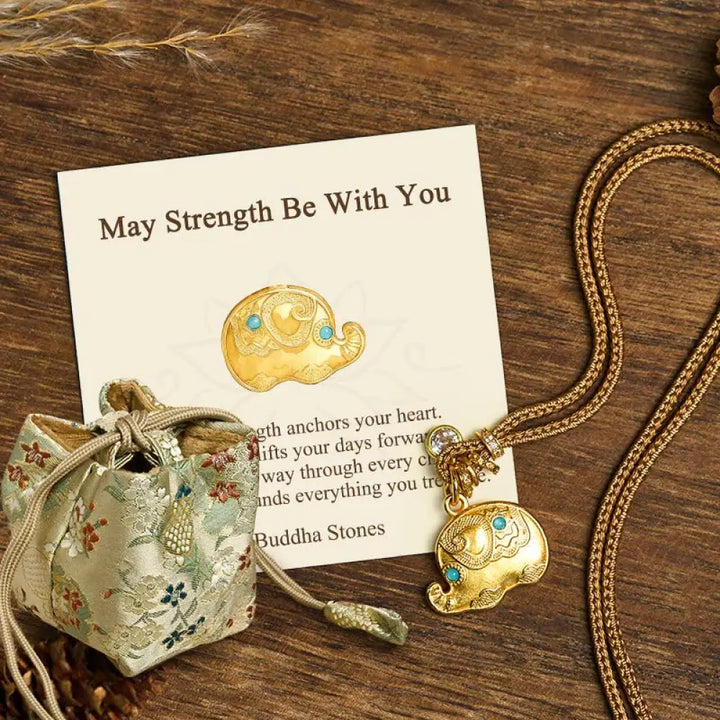 Buddha Stones ’May Strength Be With You’ 24k Gold Plated Brass Elephant Necklace Includes Gift Message Card - BWOOOH