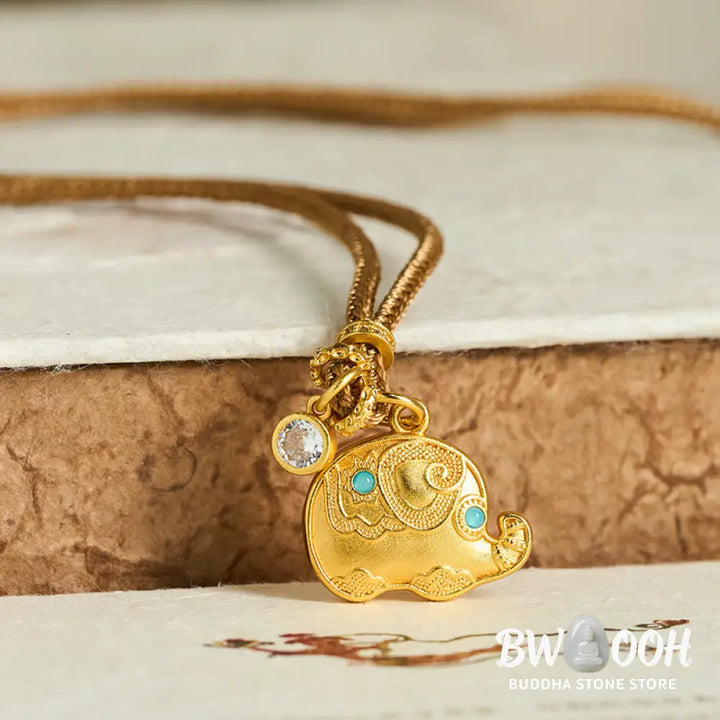 Buddha Stones ’May Strength Be With You’ 24k Gold Plated Brass Elephant Necklace Includes Gift Message Card - BWOOOH