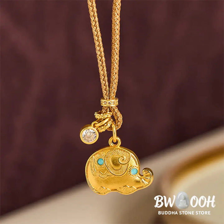 Buddha Stones ’May Strength Be With You’ 24k Gold Plated Brass Elephant Necklace Includes Gift Message Card - BWOOOH