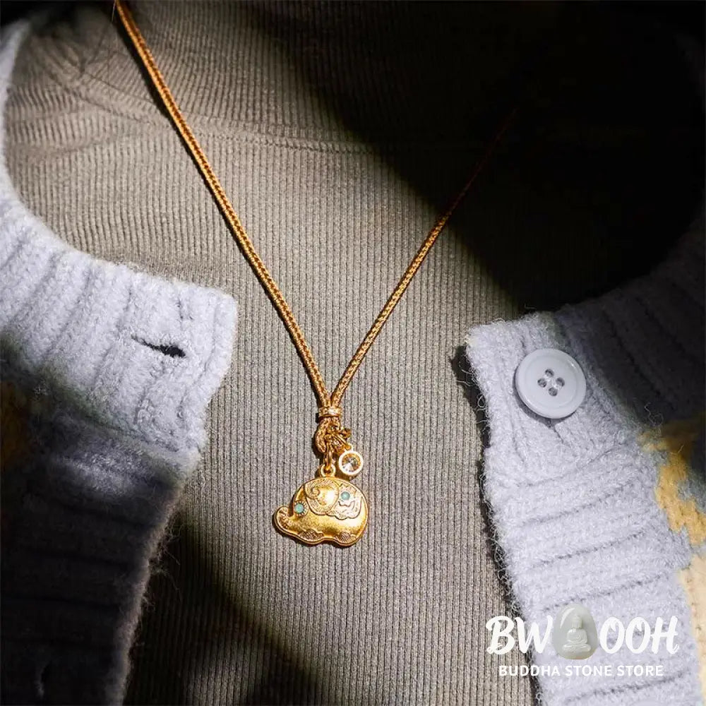 Buddha Stones ’May Strength Be With You’ 24k Gold Plated Brass Elephant Necklace Includes Gift Message Card - BWOOOH