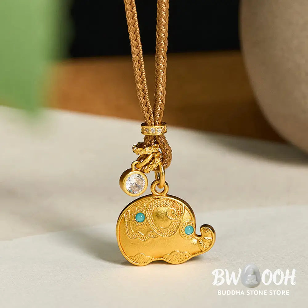 Buddha Stones ’May Strength Be With You’ 24k Gold Plated Brass Elephant Necklace Includes Gift Message Card - BWOOOH