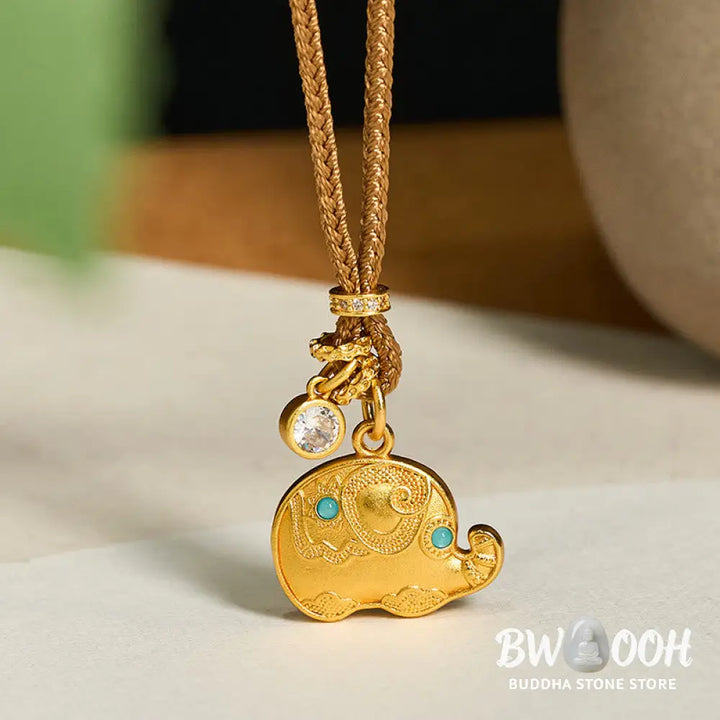 Buddha Stones ’May Strength Be With You’ 24k Gold Plated Brass Elephant Necklace Includes Gift Message Card - BWOOOH
