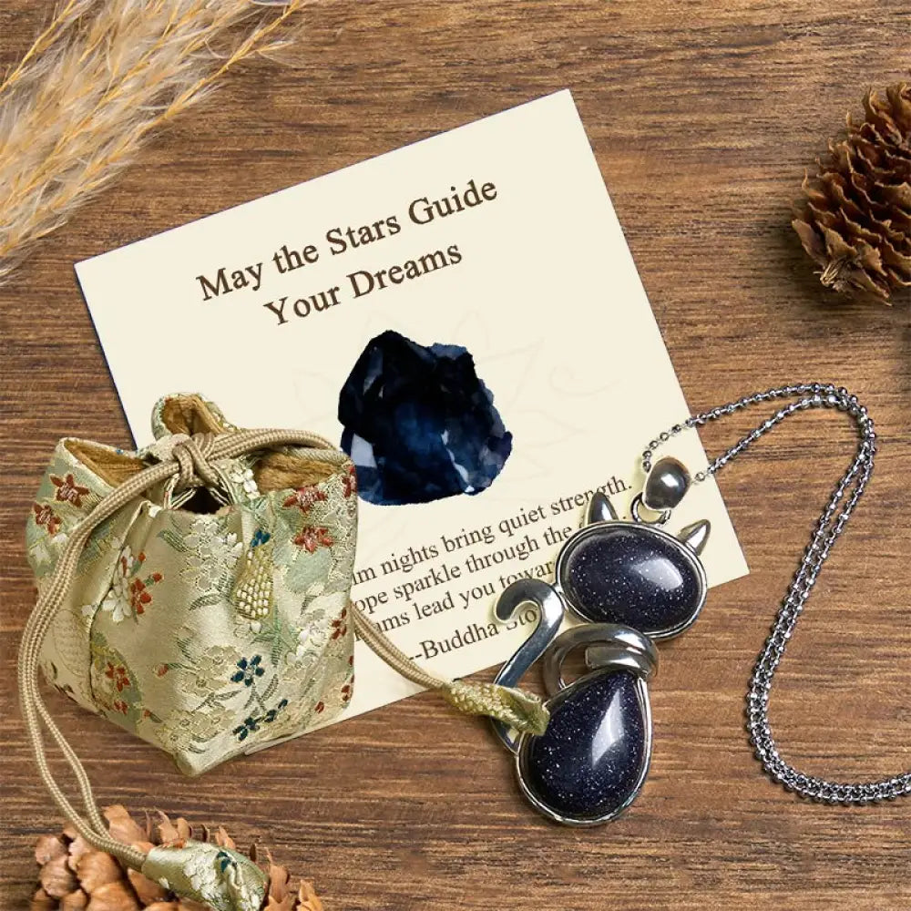Buddha Stones ’May the Stars Guide Your Dreams’ Cat Sandstone Necklace Includes Gift Message Card - BWOOOH - Blue