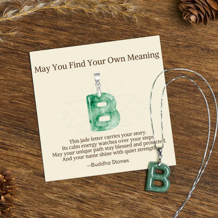 Buddha Stones ’May You Find Your Own Meaning’ Natural A-Z Letter Jade 925 Sterling Silver Chain Necklace Includes Gift
