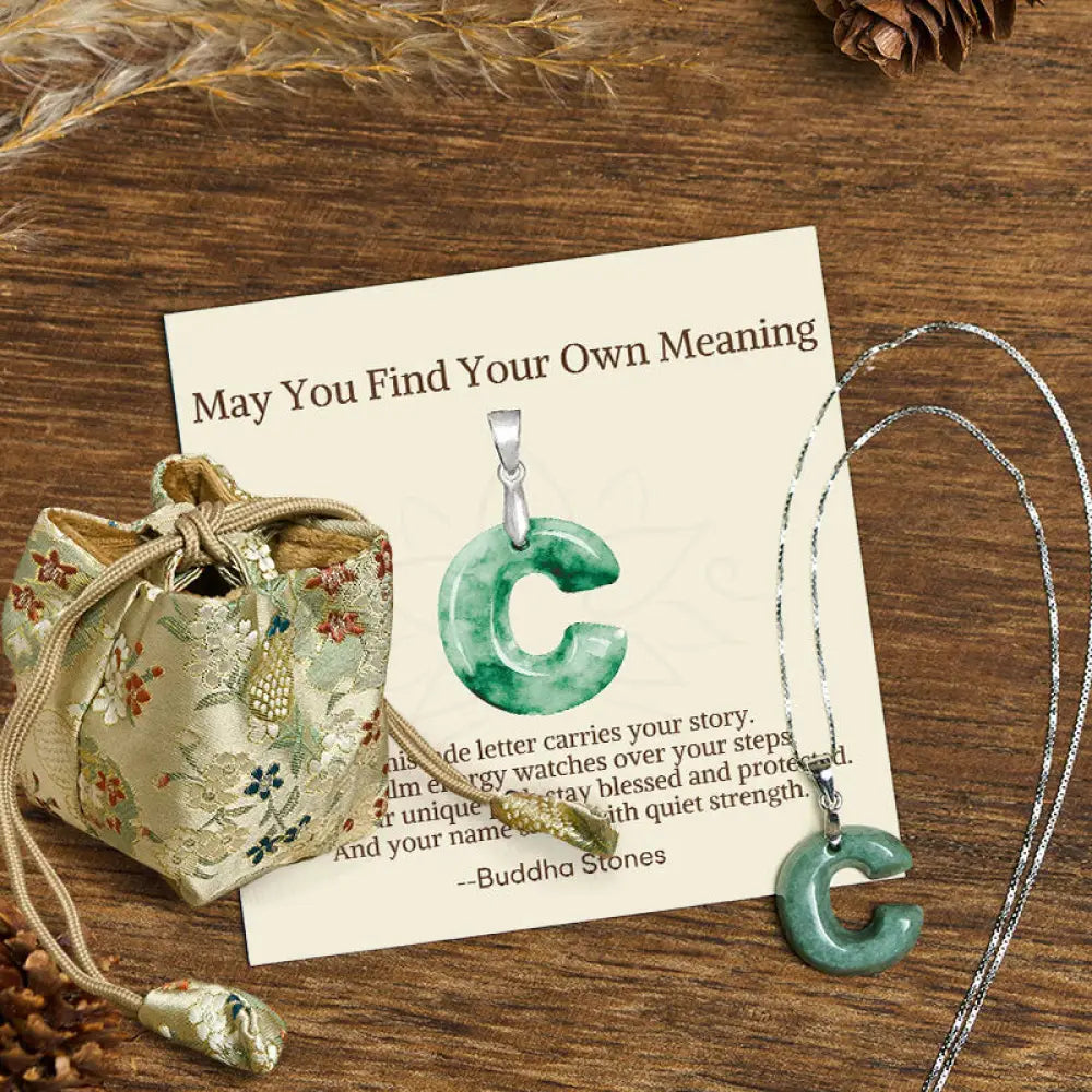 Buddha Stones ’May You Find Your Own Meaning’ Natural A-Z Letter Jade 925 Sterling Silver Chain Necklace Includes Gift