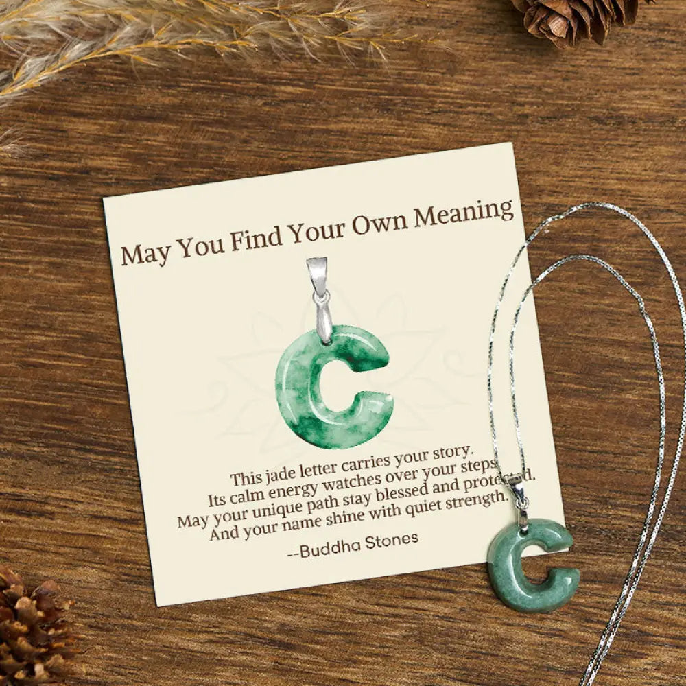 Buddha Stones ’May You Find Your Own Meaning’ Natural A-Z Letter Jade 925 Sterling Silver Chain Necklace Includes Gift