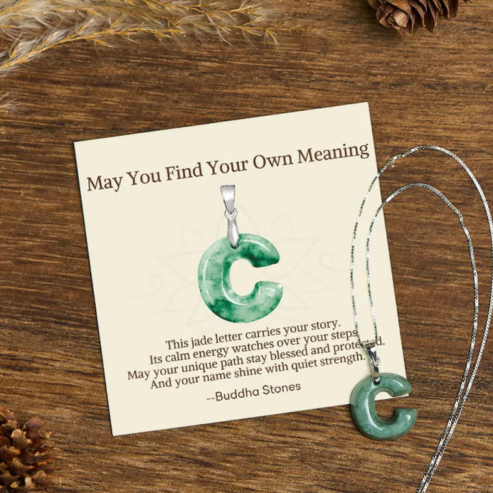 Buddha Stones ’May You Find Your Own Meaning’ Natural A-Z Letter Jade 925 Sterling Silver Chain Necklace Includes Gift