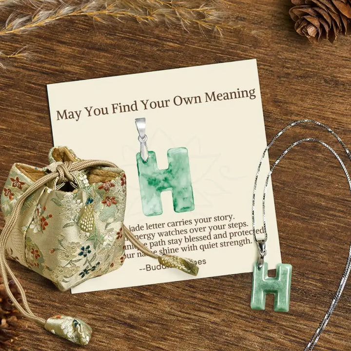 Buddha Stones ’May You Find Your Own Meaning’ Natural A-Z Letter Jade 925 Sterling Silver Chain Necklace Includes Gift