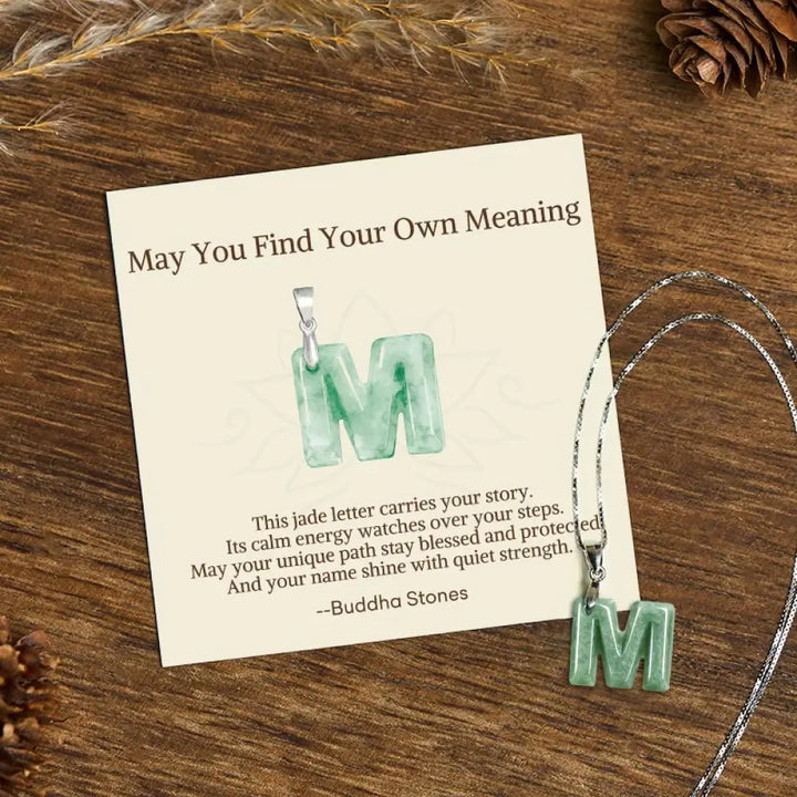 Buddha Stones ’May You Find Your Own Meaning’ Natural A-Z Letter Jade 925 Sterling Silver Chain Necklace Includes Gift