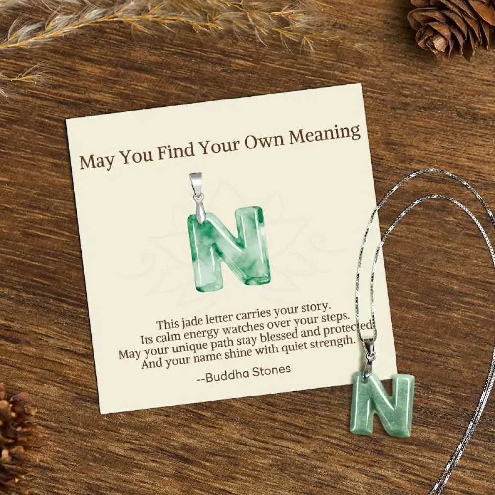 Buddha Stones ’May You Find Your Own Meaning’ Natural A-Z Letter Jade 925 Sterling Silver Chain Necklace Includes Gift