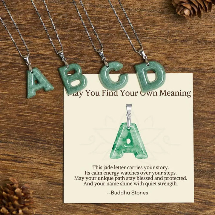Buddha Stones ’May You Find Your Own Meaning’ Natural A-Z Letter Jade 925 Sterling Silver Chain Necklace Includes Gift