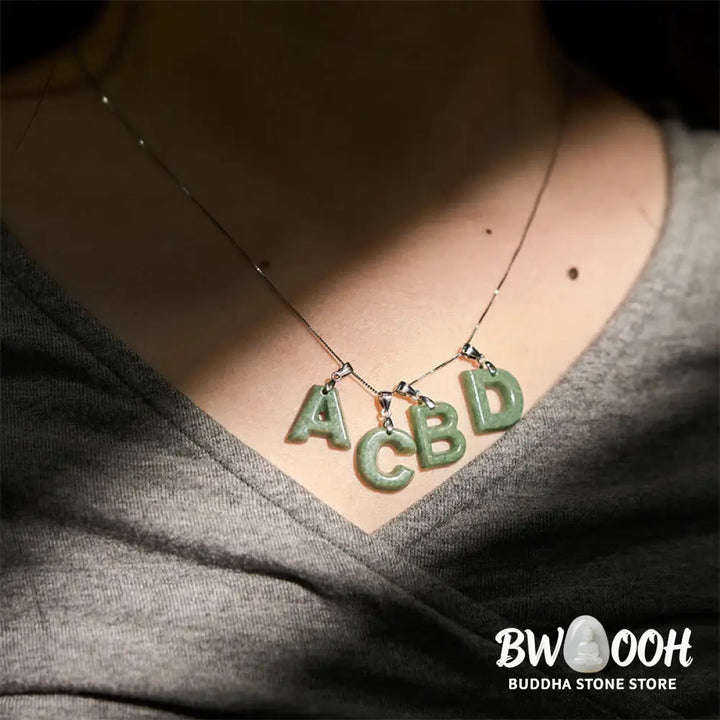 Buddha Stones ’May You Find Your Own Meaning’ Natural A-Z Letter Jade 925 Sterling Silver Chain Necklace Includes Gift