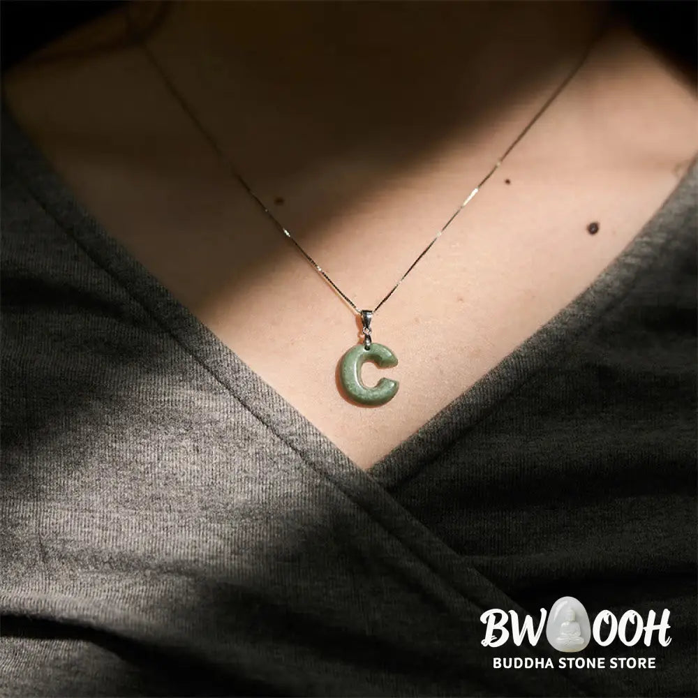 Buddha Stones ’May You Find Your Own Meaning’ Natural A-Z Letter Jade 925 Sterling Silver Chain Necklace Includes Gift