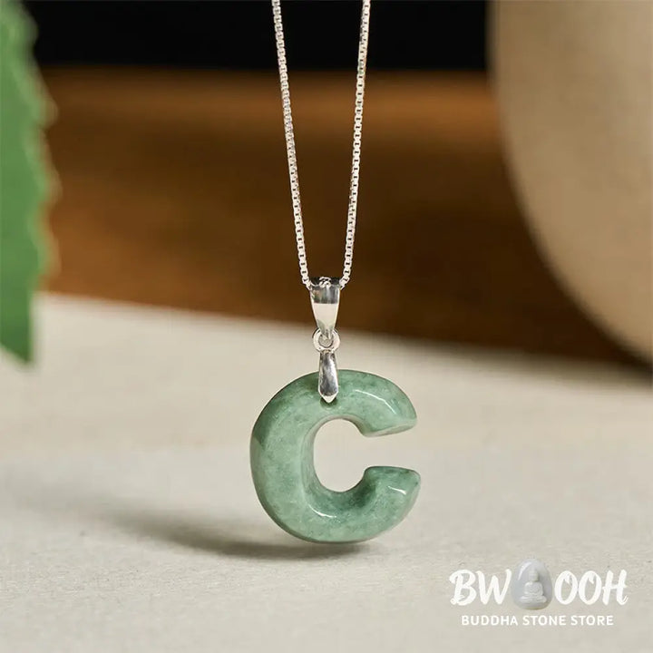 Buddha Stones ’May You Find Your Own Meaning’ Natural A-Z Letter Jade 925 Sterling Silver Chain Necklace Includes Gift