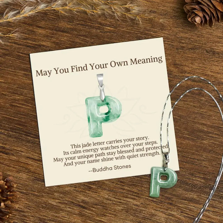 Buddha Stones ’May You Find Your Own Meaning’ Natural A-Z Letter Jade 925 Sterling Silver Chain Necklace Includes Gift