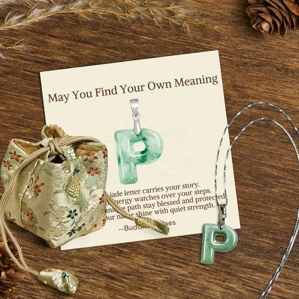Buddha Stones ’May You Find Your Own Meaning’ Natural A-Z Letter Jade 925 Sterling Silver Chain Necklace Includes Gift