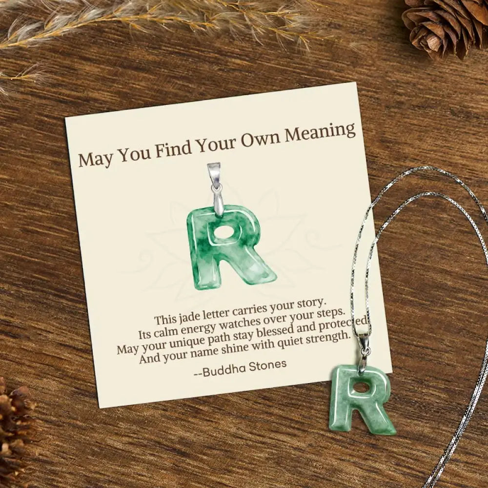 Buddha Stones ’May You Find Your Own Meaning’ Natural A-Z Letter Jade 925 Sterling Silver Chain Necklace Includes Gift