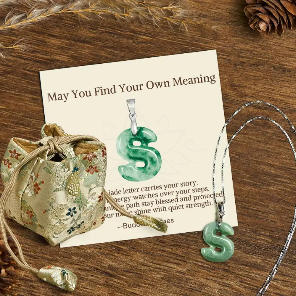 Buddha Stones ’May You Find Your Own Meaning’ Natural A-Z Letter Jade 925 Sterling Silver Chain Necklace Includes Gift