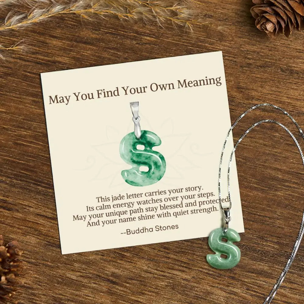 Buddha Stones ’May You Find Your Own Meaning’ Natural A-Z Letter Jade 925 Sterling Silver Chain Necklace Includes Gift
