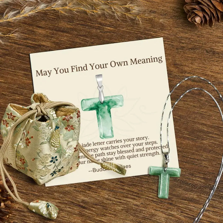 Buddha Stones ’May You Find Your Own Meaning’ Natural A-Z Letter Jade 925 Sterling Silver Chain Necklace Includes Gift