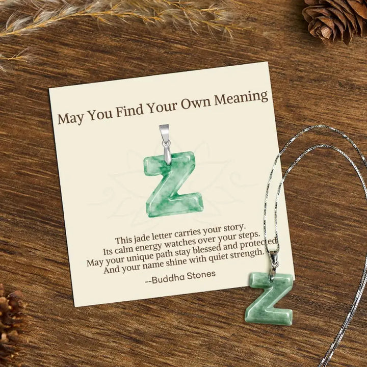 Buddha Stones ’May You Find Your Own Meaning’ Natural A-Z Letter Jade 925 Sterling Silver Chain Necklace Includes Gift