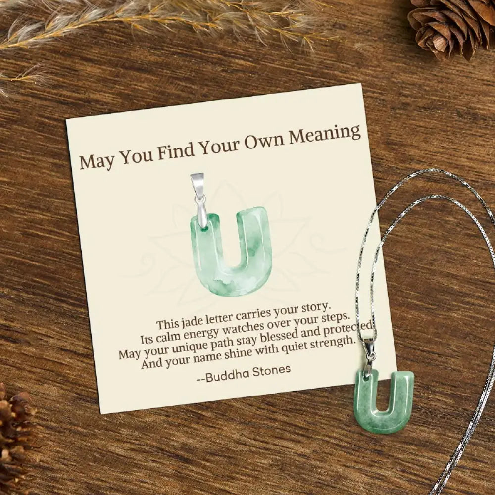 Buddha Stones ’May You Find Your Own Meaning’ Natural A-Z Letter Jade 925 Sterling Silver Chain Necklace Includes Gift