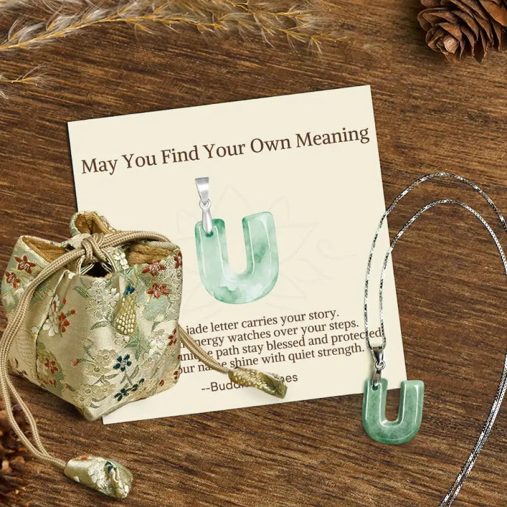 Buddha Stones ’May You Find Your Own Meaning’ Natural A-Z Letter Jade 925 Sterling Silver Chain Necklace Includes Gift