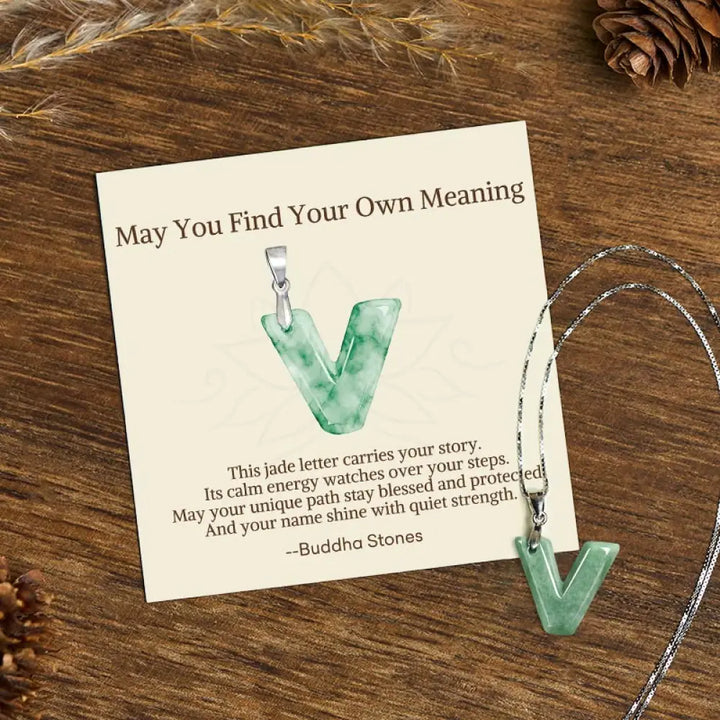 Buddha Stones ’May You Find Your Own Meaning’ Natural A-Z Letter Jade 925 Sterling Silver Chain Necklace Includes Gift