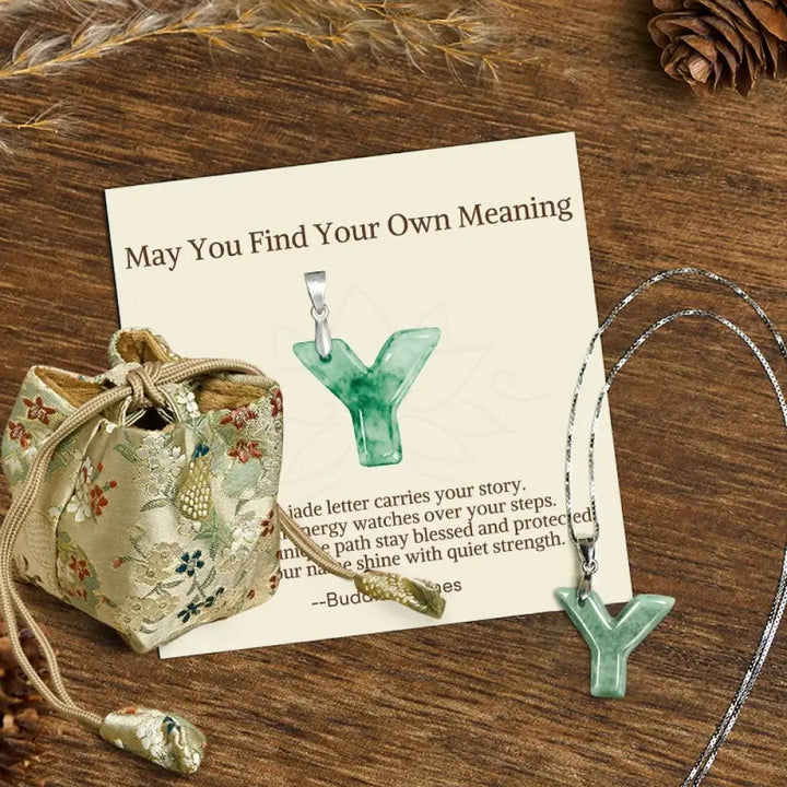 Buddha Stones ’May You Find Your Own Meaning’ Natural A-Z Letter Jade 925 Sterling Silver Chain Necklace Includes Gift