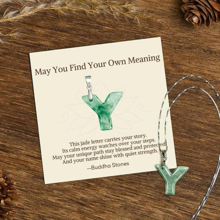 Buddha Stones ’May You Find Your Own Meaning’ Natural A-Z Letter Jade 925 Sterling Silver Chain Necklace Includes Gift