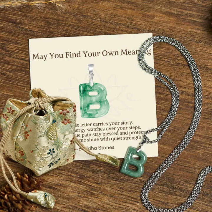Buddha Stones ’May You Find Your Own Meaning’ Natural A-Z Letter Jade Titanium Steel Chain Necklace Includes Gift