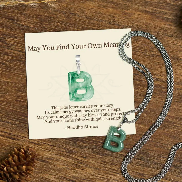 Buddha Stones ’May You Find Your Own Meaning’ Natural A-Z Letter Jade Titanium Steel Chain Necklace Includes Gift