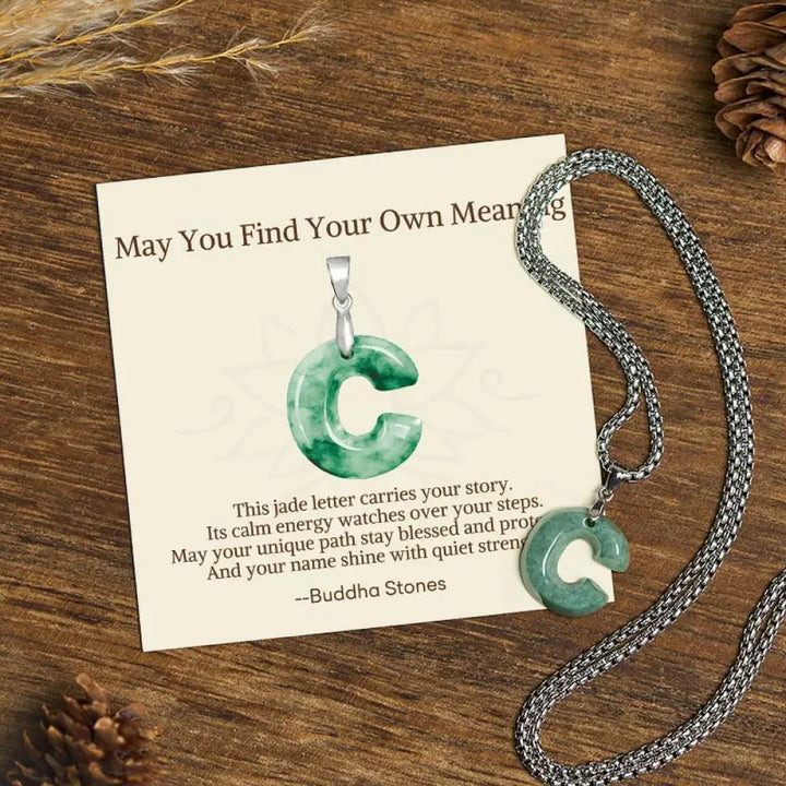 Buddha Stones ’May You Find Your Own Meaning’ Natural A-Z Letter Jade Titanium Steel Chain Necklace Includes Gift