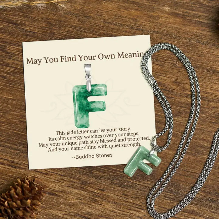 Buddha Stones ’May You Find Your Own Meaning’ Natural A-Z Letter Jade Titanium Steel Chain Necklace Includes Gift