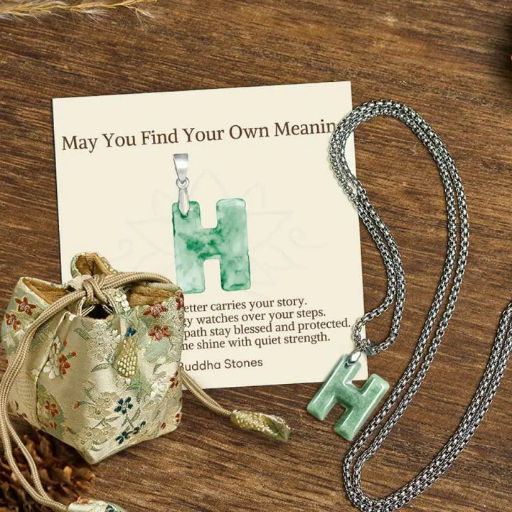 Buddha Stones ’May You Find Your Own Meaning’ Natural A-Z Letter Jade Titanium Steel Chain Necklace Includes Gift