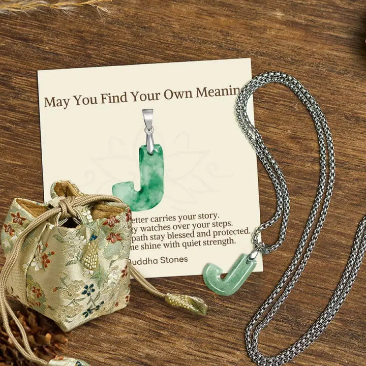 Buddha Stones ’May You Find Your Own Meaning’ Natural A-Z Letter Jade Titanium Steel Chain Necklace Includes Gift