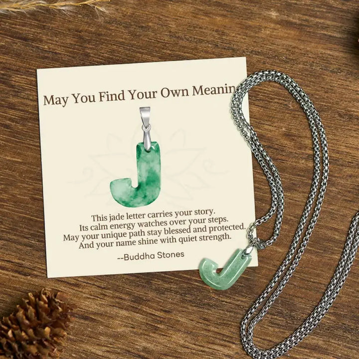 Buddha Stones ’May You Find Your Own Meaning’ Natural A-Z Letter Jade Titanium Steel Chain Necklace Includes Gift