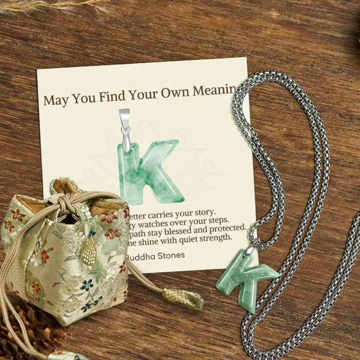 Buddha Stones ’May You Find Your Own Meaning’ Natural A-Z Letter Jade Titanium Steel Chain Necklace Includes Gift