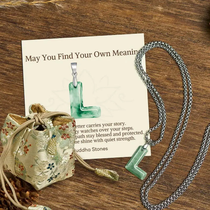 Buddha Stones ’May You Find Your Own Meaning’ Natural A-Z Letter Jade Titanium Steel Chain Necklace Includes Gift