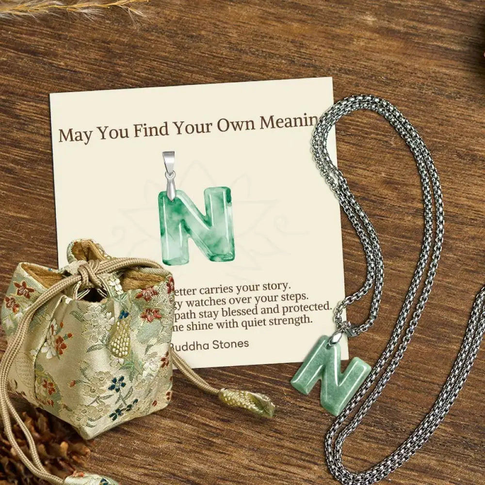 Buddha Stones ’May You Find Your Own Meaning’ Natural A-Z Letter Jade Titanium Steel Chain Necklace Includes Gift