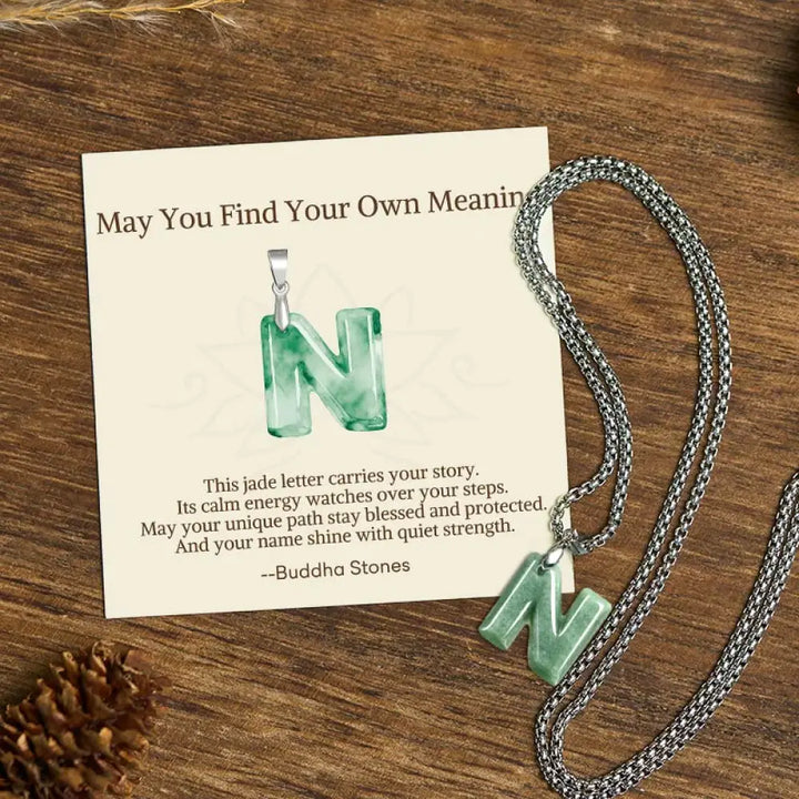 Buddha Stones ’May You Find Your Own Meaning’ Natural A-Z Letter Jade Titanium Steel Chain Necklace Includes Gift