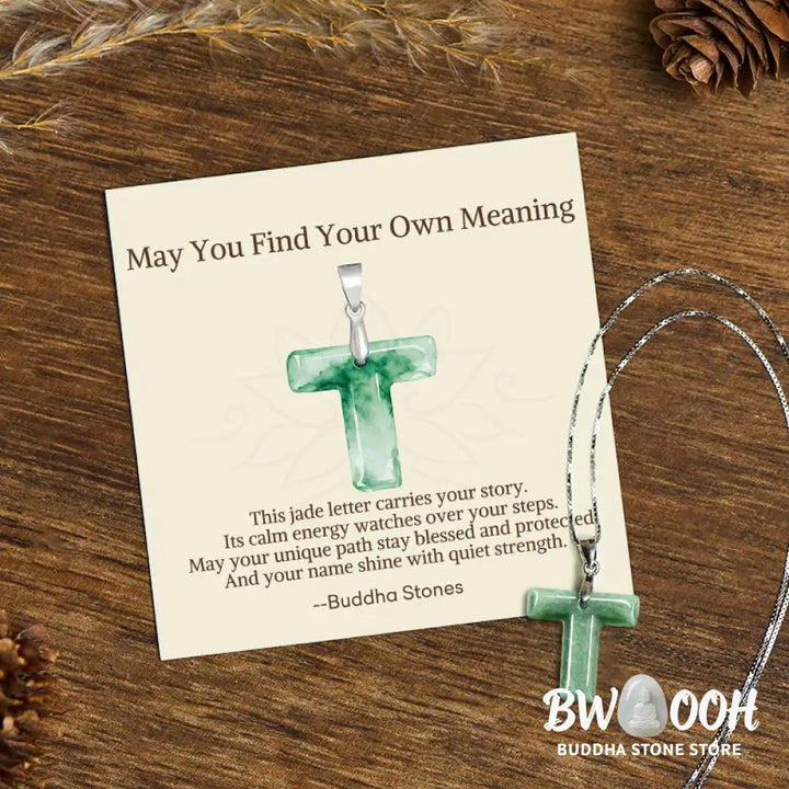 Buddha Stones ’May You Find Your Own Meaning’ Natural A-Z Letter Jade Titanium Steel Chain Necklace Includes Gift